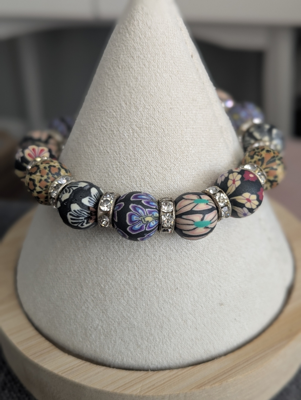 Boho Floral Clay Bead Stretch Bracelet | Rhinestone Spacers | 6” Fit